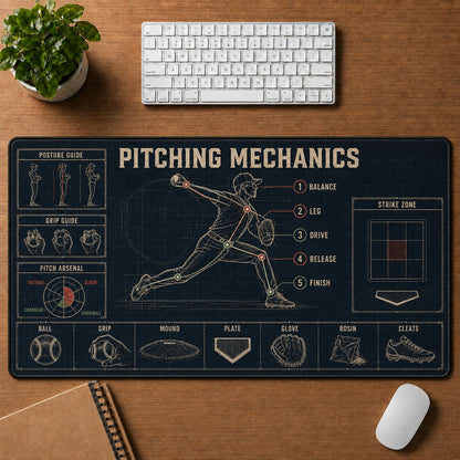 Pitching Mechanics Baseball Blueprint Desk Mat | 5To9Vibe