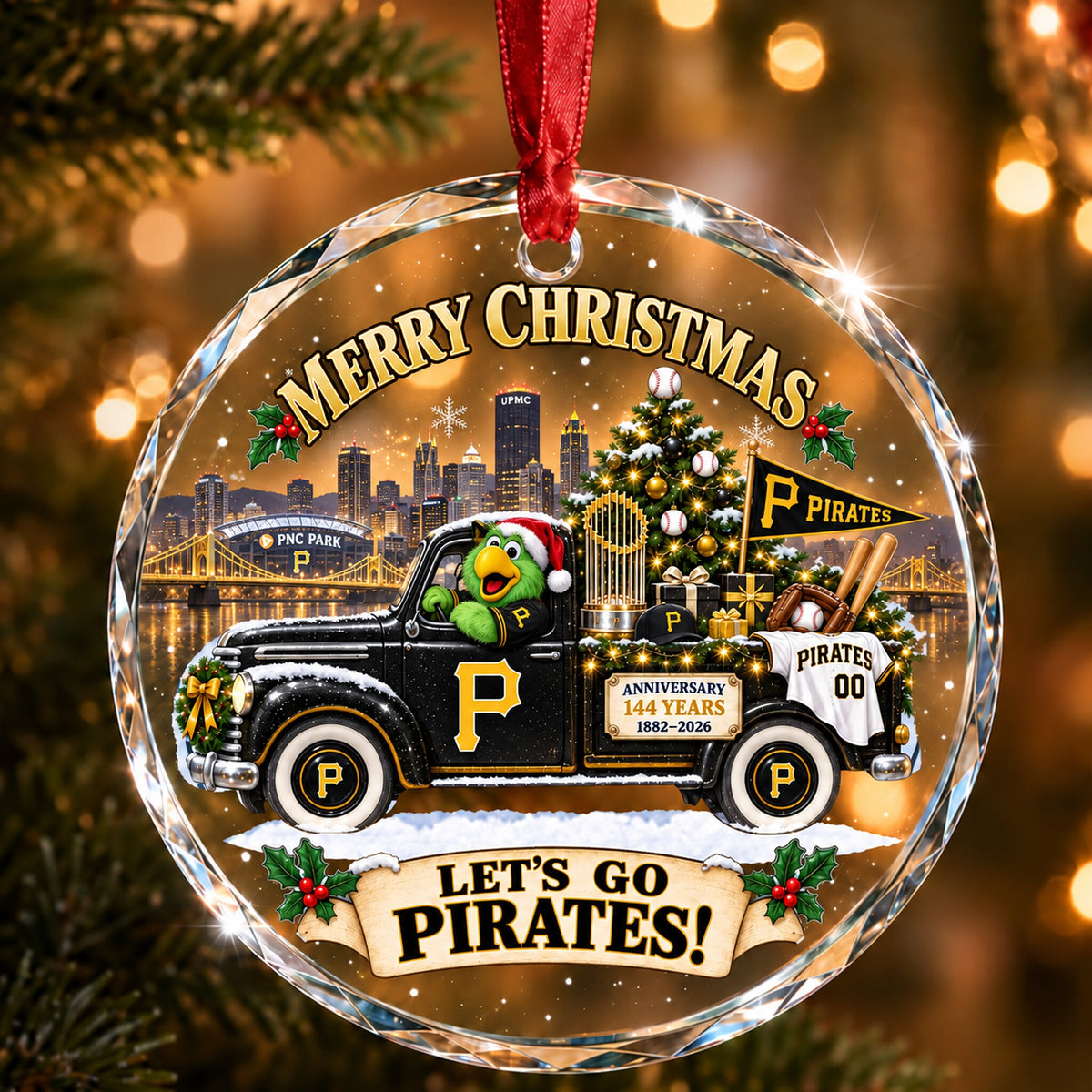 All Baseball Teams Christmas Truck Round Glass Ornament  With Red Gift Box | 5to9vibe