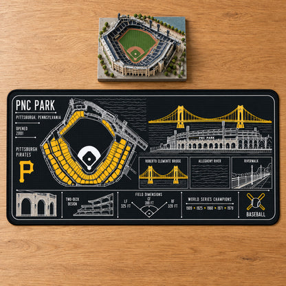 Pittsburgh Pirates PNC Park blueprint desk mat, 16" x 32", on a wooden desk with a decorative stadium model