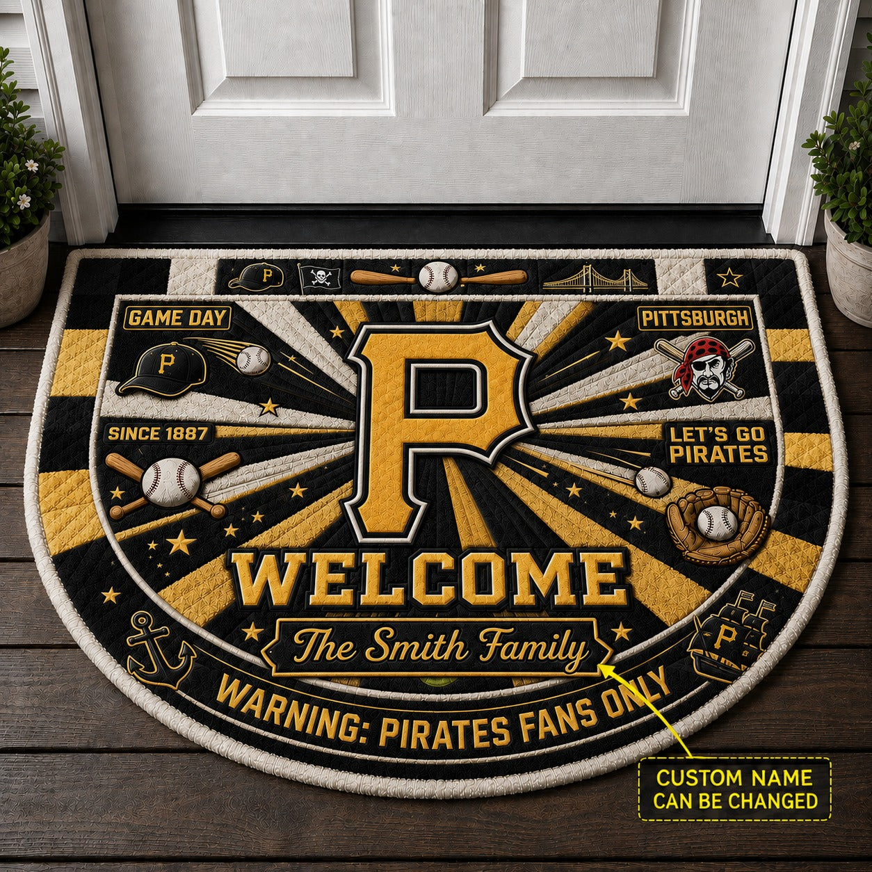 Official-Inspired Baseball Fan Custom Quilted Print Premium Welcome Mat Washable Black Border – Personalized Baseball Doormat