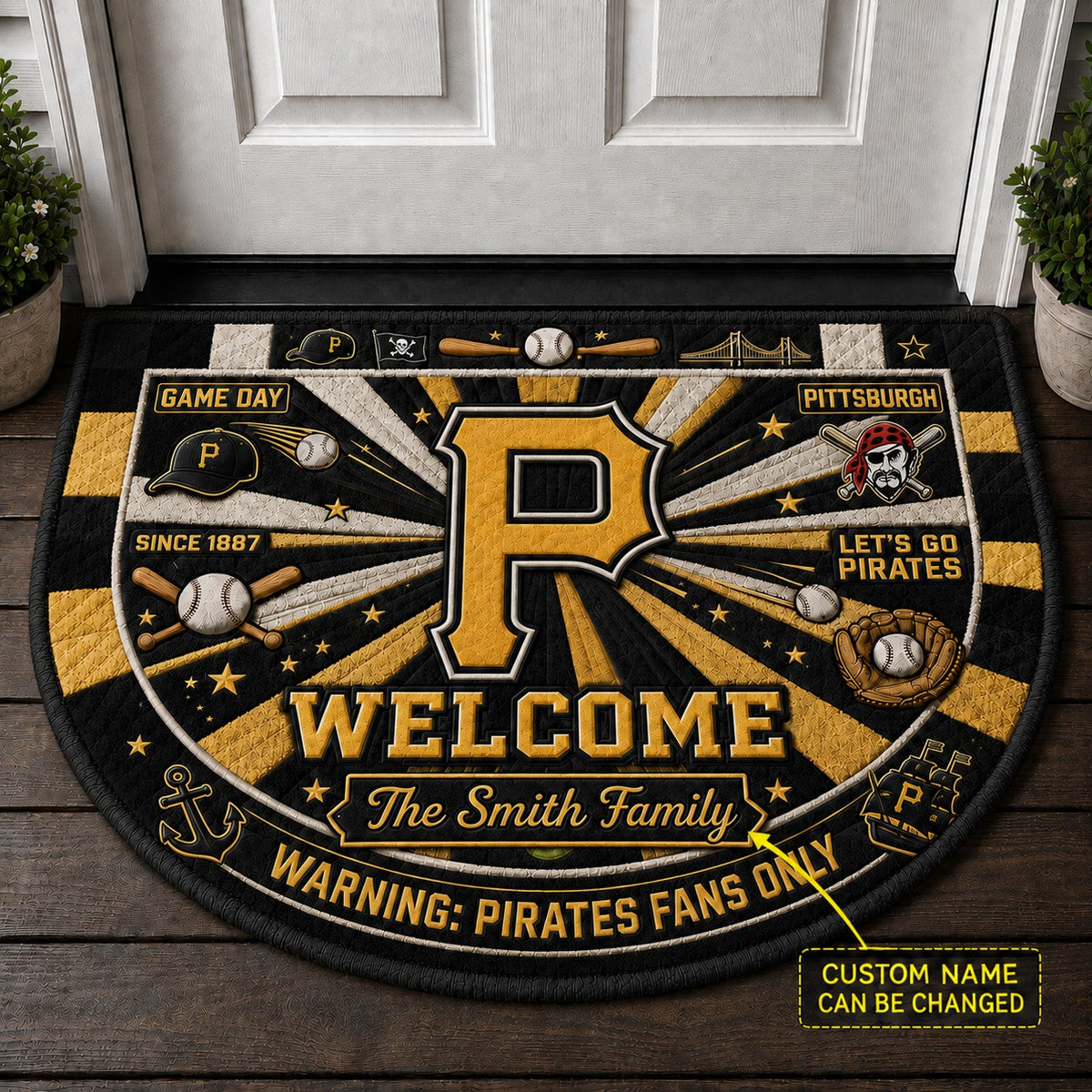 Official-Inspired Baseball Fan Custom Quilted Print Premium Welcome Mat Washable Black Border – Personalized Baseball Doormat