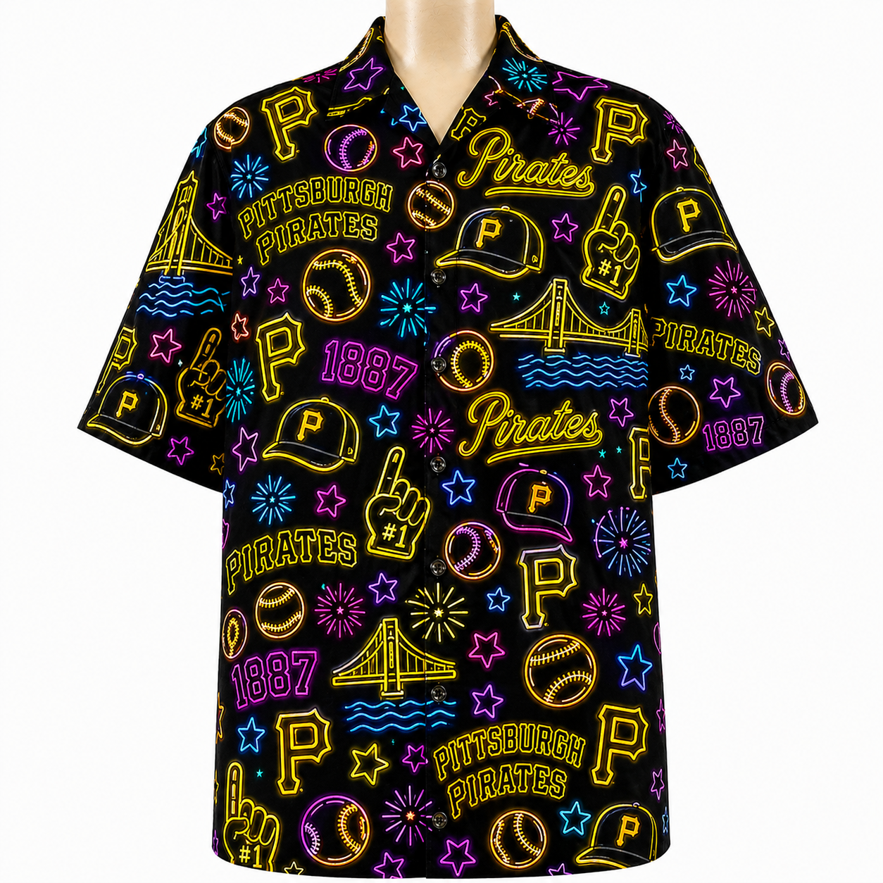 All Baseball Teams Neon Pattern Vibe Summer Party Button-Up Unisex Hawaiian Shirt For Men and Women