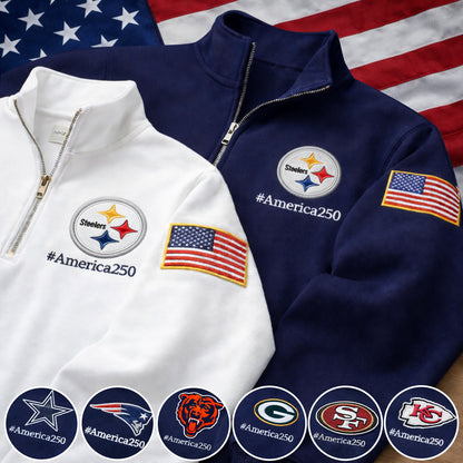 Football Logo America 250 Anniversary Embroidered Logo Premium Quarter Zip Sweatshirt, Inspired Quarter Zip Sweater
