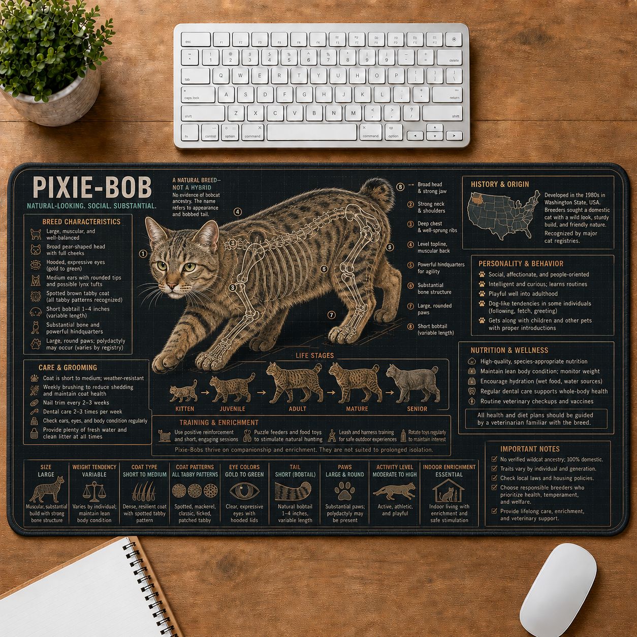 Pixie Bob Cat Breed Desk Mat Anatomy Guide | 5To9Vibe