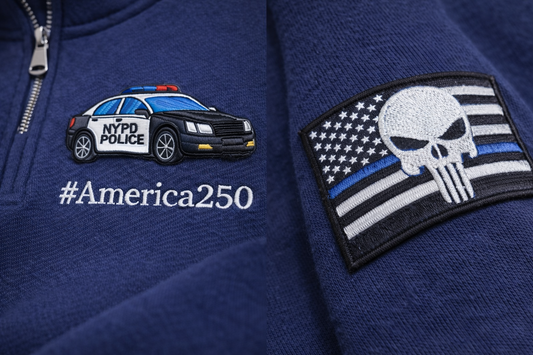 Police America 250 Anniversary Embroidered Logo Premium Quarter Zip Sweatshirt, Inspired Quarter Zip Sweater