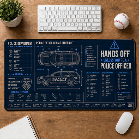 Police Officer Mat: Police Patrol Vehicle Blueprint Large Desk Mat - Law Enforcement & Tactical Gear Plus Size Mouse Pad - 5to9vibe