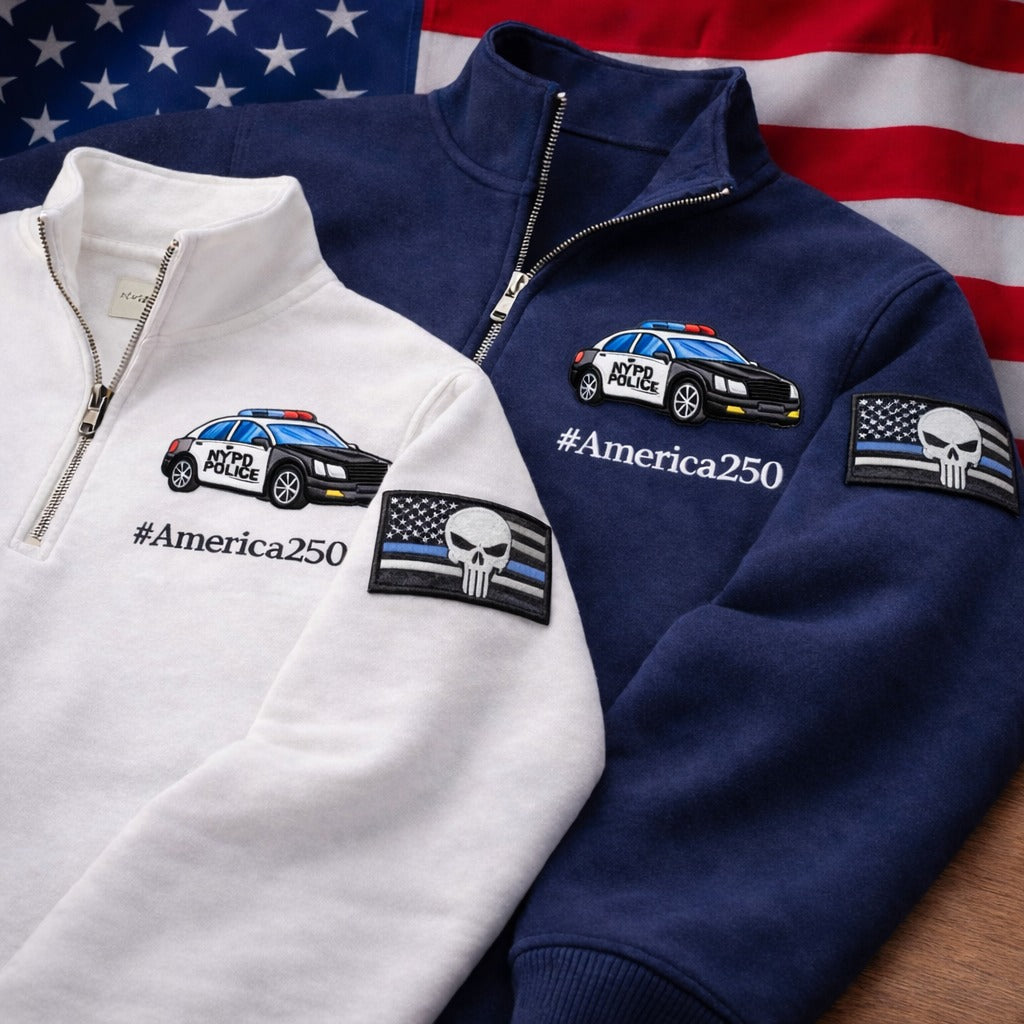 Police America 250 Anniversary Embroidered Logo Premium Quarter Zip Sweatshirt, Inspired Quarter Zip Sweater