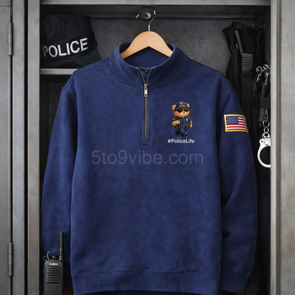 Police Life Embroidered Quarter Zip Sweatshirt, Funny Police Life Bear Pullover, Men's Casual Zip Up Jacket, Gift for Police Life Lover Dad
