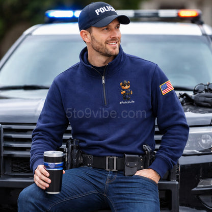 Police Life Embroidered Quarter Zip Sweatshirt, Funny Police Life Bear Pullover, Men's Casual Zip Up Jacket, Gift for Police Life Lover Dad