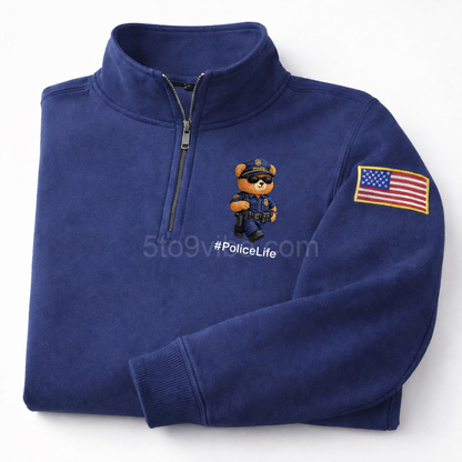 Police Life Embroidered Quarter Zip Sweatshirt, Funny Police Life Bear Pullover, Men's Casual Zip Up Jacket, Gift for Police Life Lover Dad