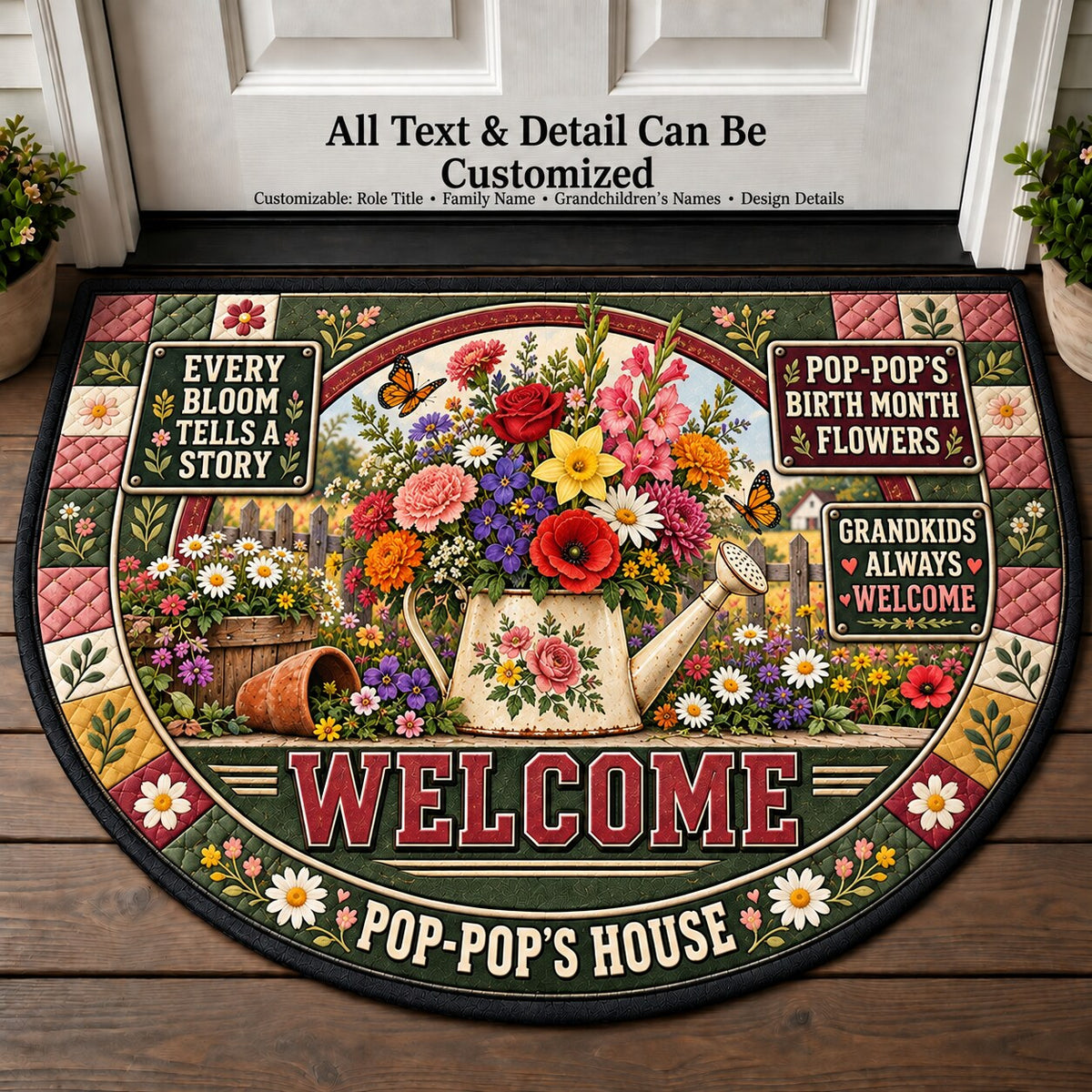 Pop-Pop's Birth Month Flowers Personalized Half Round Mat | 5To9Vibe