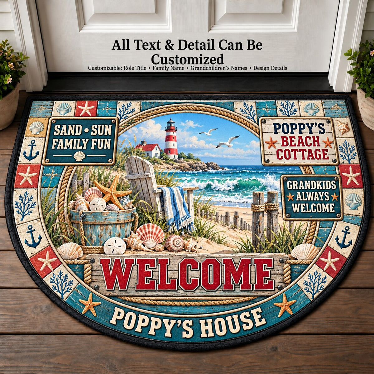 Poppy's Beach Cottage Personalized Half Round Mat | 5To9Vibe
