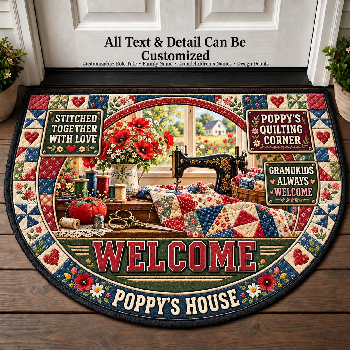 Poppy's Quilting Corner Personalized Half Round Mat | 5To9Vibe