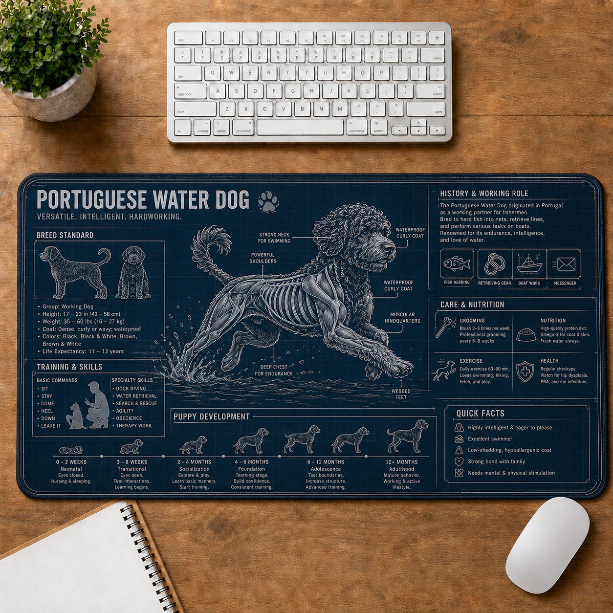 Portuguese Water Dog Dog Breed Visual Guide Desk Mat | 5To9Vibe