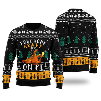 Pour Some Gravy On Me Turkey Funny Thanksgiving Men's Ugly Sweater