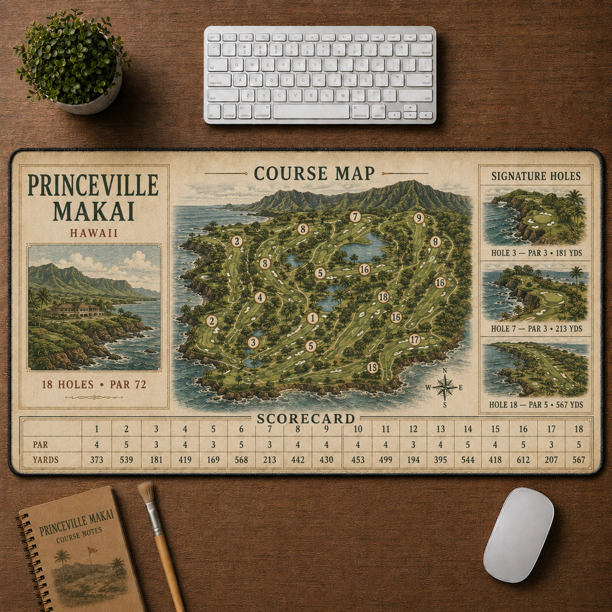 Princeville Makai Vintage Golf Course Map & Scorecard Guide Desk Mat | 5To9Vibe