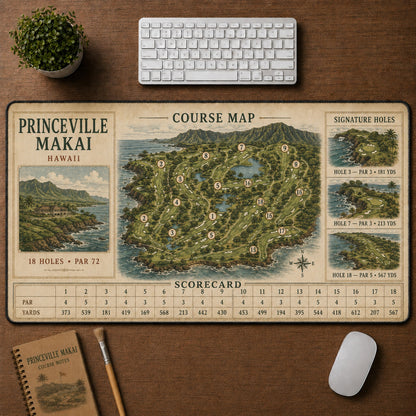 Princeville Makai Vintage Golf Course Map & Scorecard Guide Desk Mat | 5To9Vibe