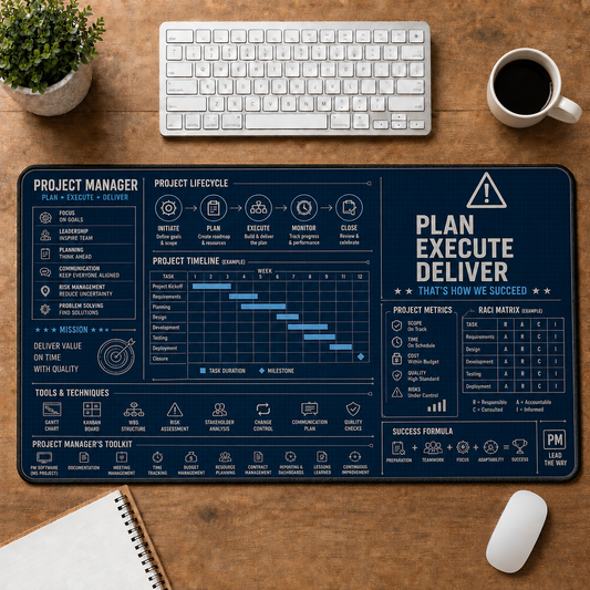 Project Manager Blueprint Large Desk Mat - Project Lifecycle & RACI Matrix Plus Size Mouse Pad - 5to9vibe