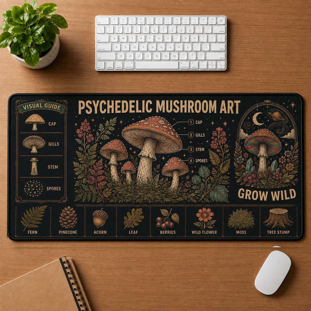 Mushroom & Moon Hippie Desk Mat Mouse Pad | 5To9Vibe - Psychedelic Mushroom Art style