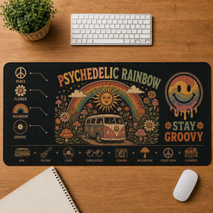 Smiley Face Hippie Desk Mat Mouse Pad | 5To9Vibe - Psychedelic Rainbow style