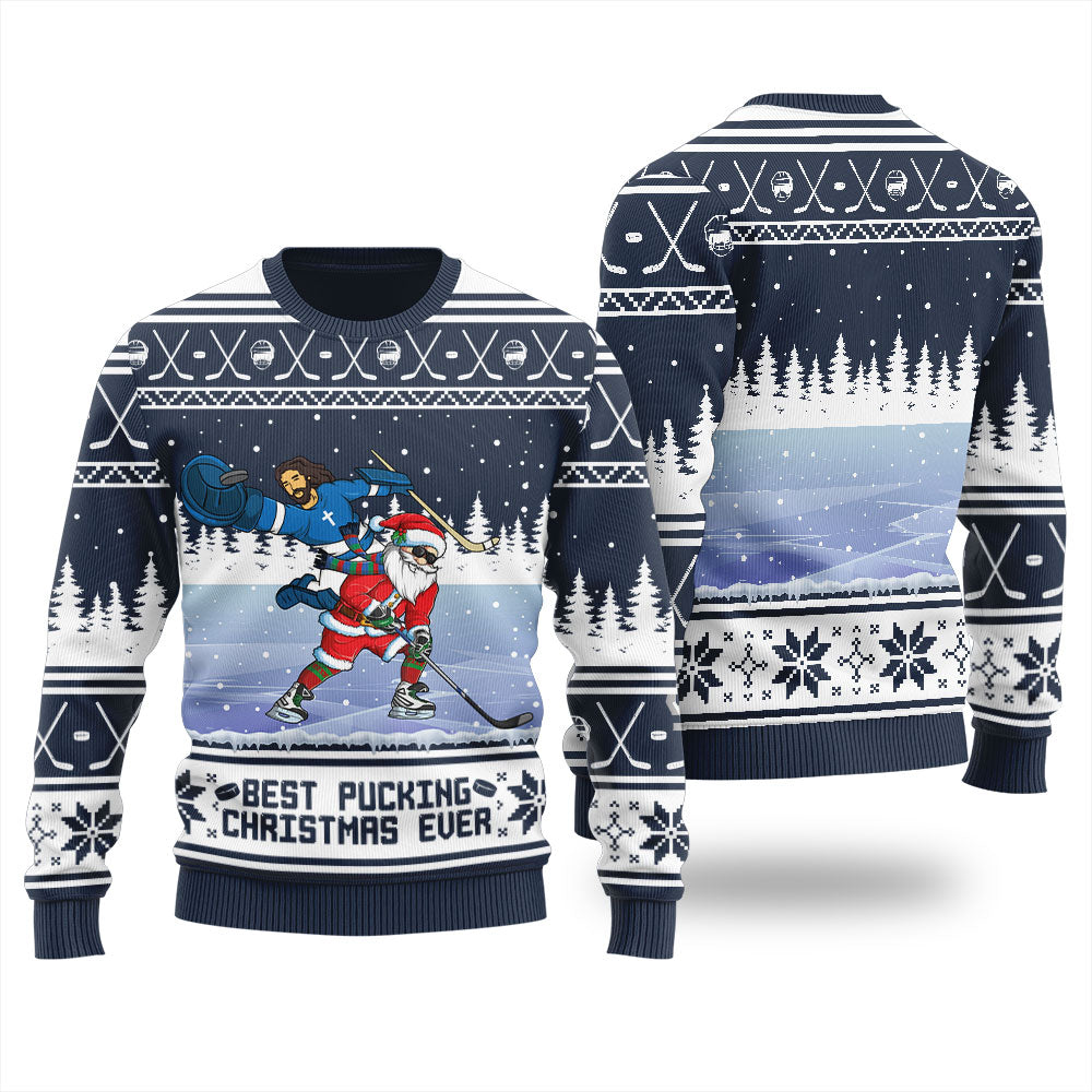 Santa Jesus Hockey Men's Ugly Christmas Sweater