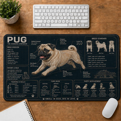 Pug Dog Breed Visual Guide Desk Mat | 5To9Vibe