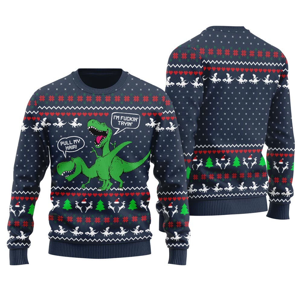 Pull My Hair Inappropriate Dinosaur Christmas Sweater Women