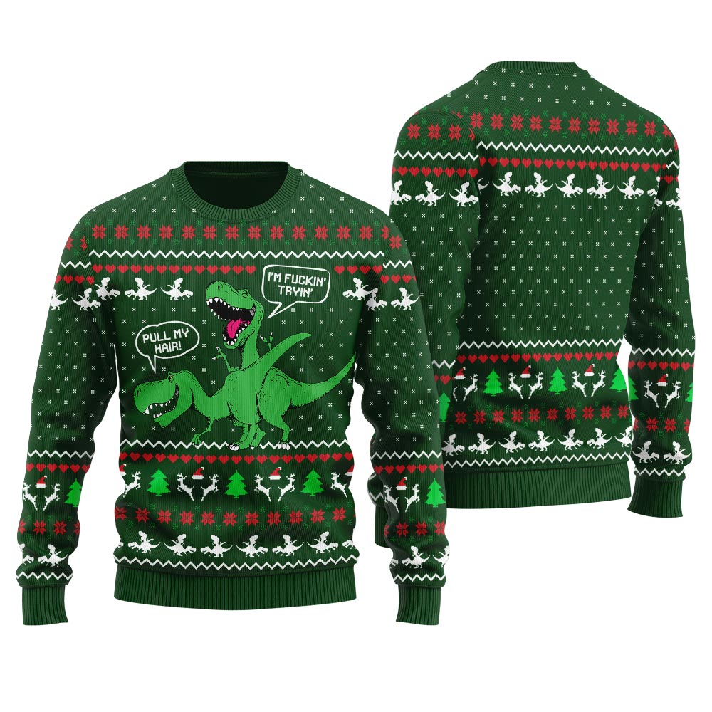 Pull My Hair Inappropriate Dinosaur Christmas Sweater Women