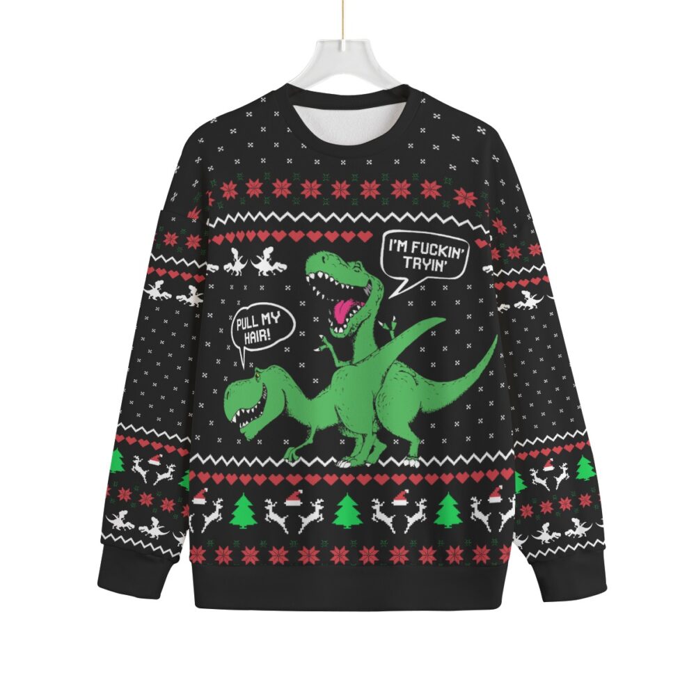 Pull My Hair Naughty Dinosaur Plus Size Ugly Christmas Sweater Adults