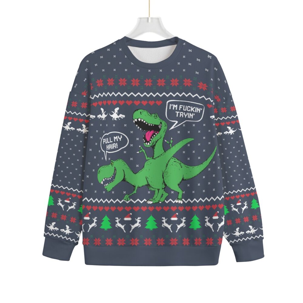 Pull My Hair Naughty Dinosaur Plus Size Ugly Christmas Sweater Adults