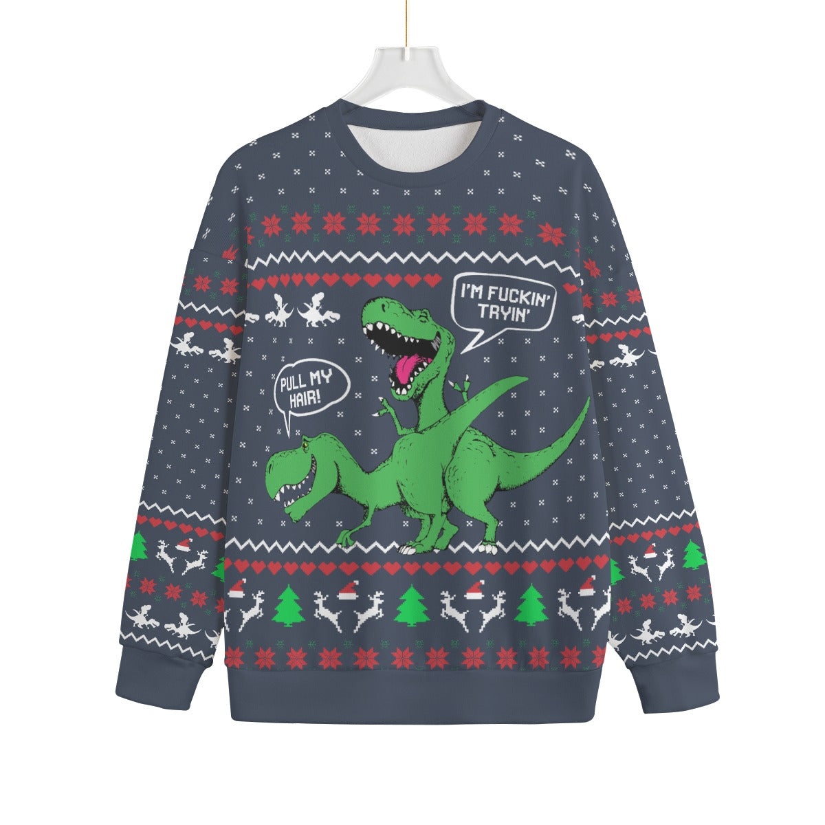 Pull My Hair Naughty Dinosaur Plus Size Ugly Christmas Sweater Adults