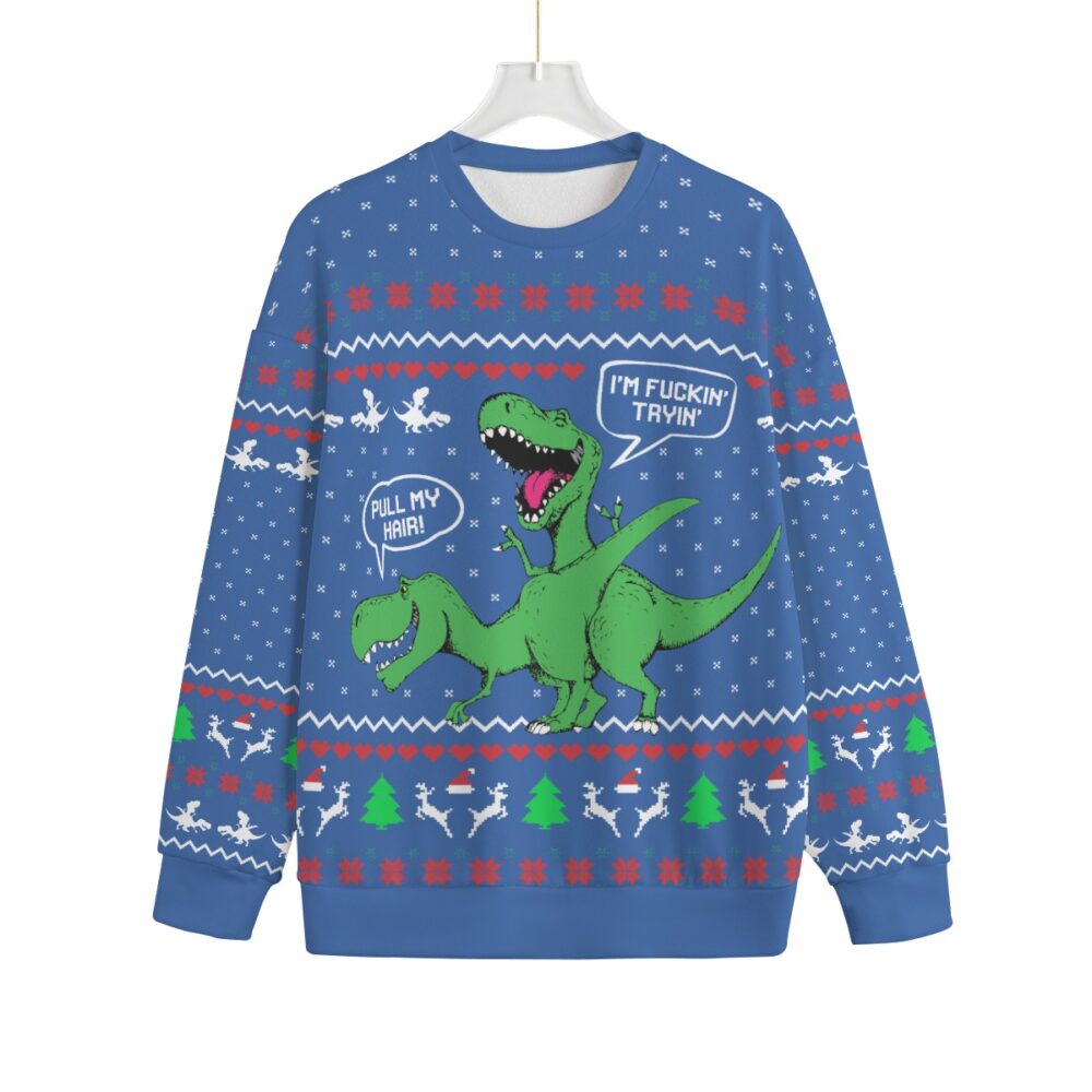 Pull My Hair Naughty Dinosaur Plus Size Ugly Christmas Sweater Adults