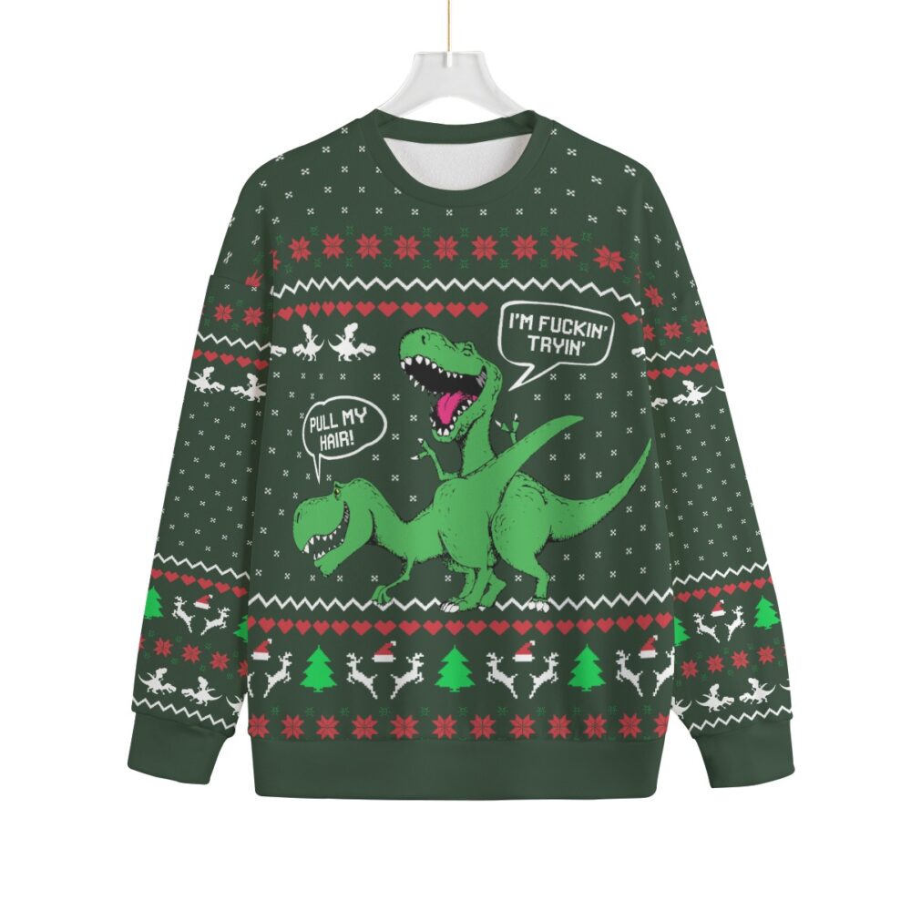 Pull My Hair Naughty Dinosaur Plus Size Ugly Christmas Sweater Adults