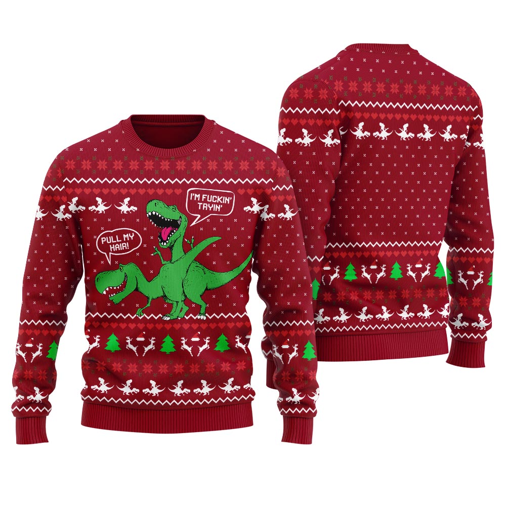 Pull My Hair Inappropriate Dinosaur Christmas Sweater Women