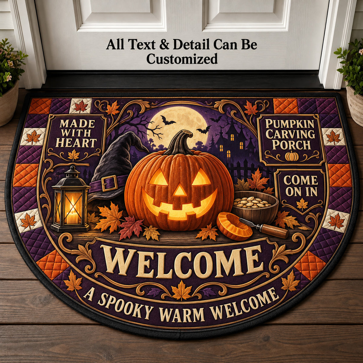 Pumpkin Carving Porch Personalized Half Round Mat | 5To9Vibe