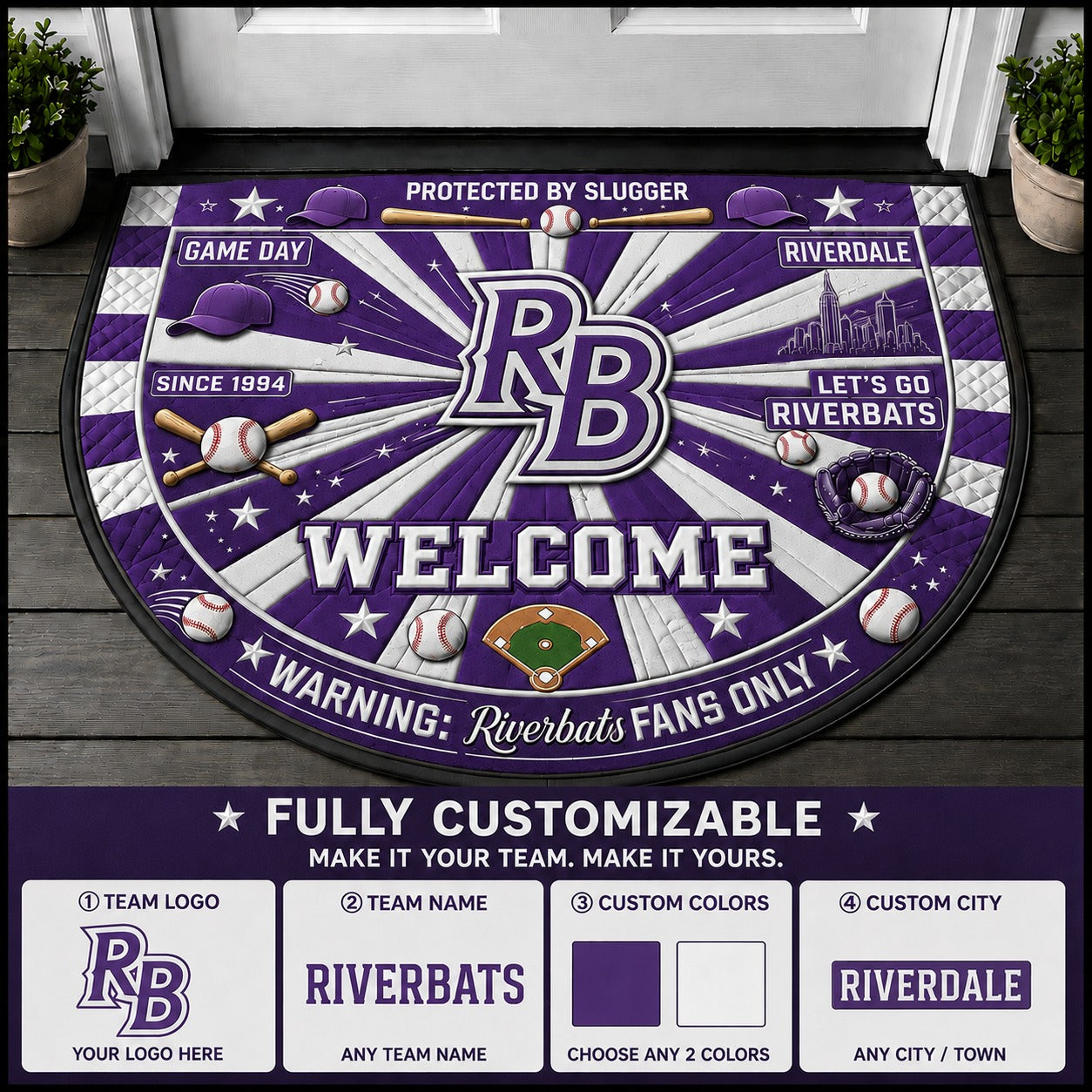 Baseball Custom Logo and Text Quilted Print Premium Welcome Mat – Personalized Baseball Doormat