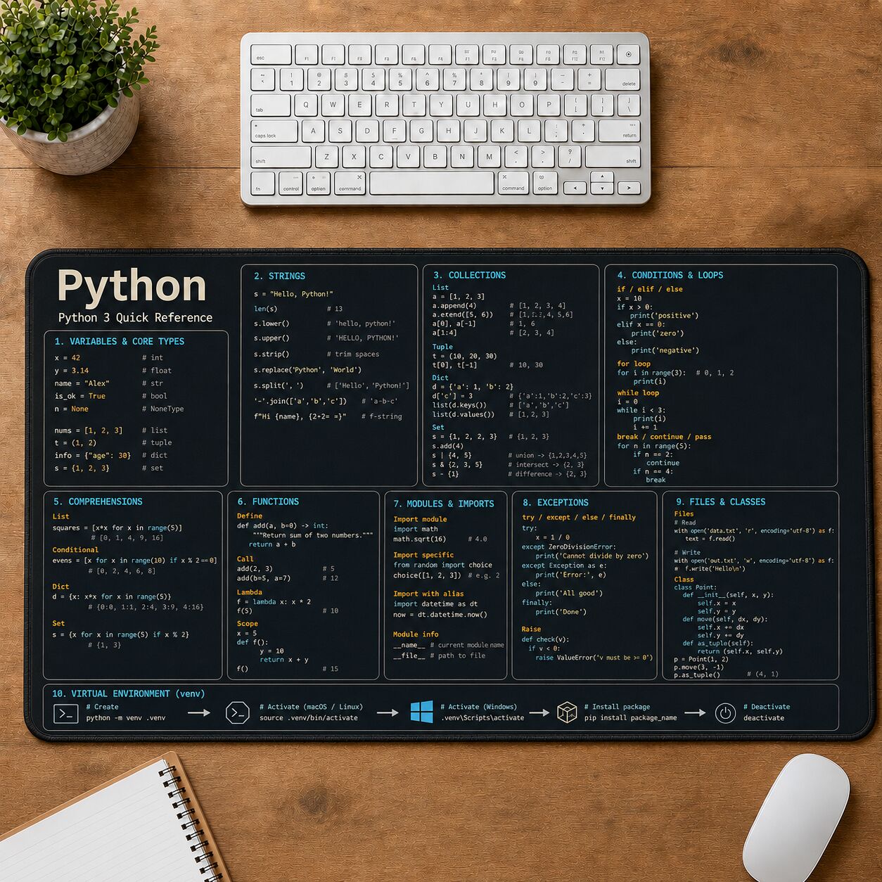 Python Cheat Sheet Quick Reference Guide Desk Mat | 5To9Vibe