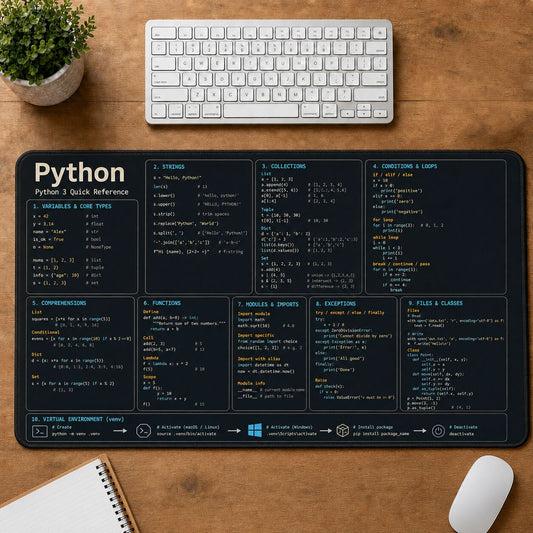 Python Cheat Sheet Quick Reference Guide Desk Mat | 5To9Vibe