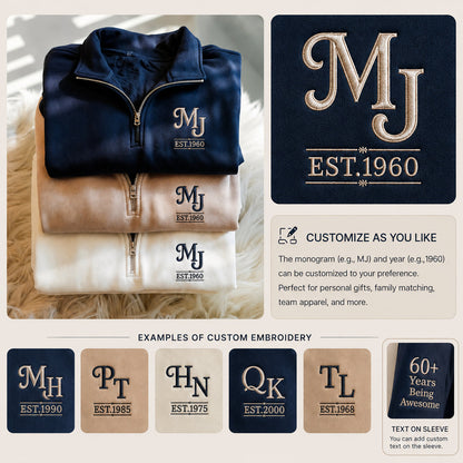 1955 Custom Monogram Embroidered with Name and Year For Birthday, Anniversary, Mother Dad Gift, Couple Gift, Husband Wife Gift, Family Gift Quarter Zip Sweatshirt, Unisex Sweatshirt, Hoodies, T-shirts
