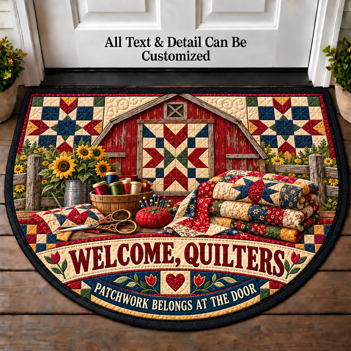 Barn Quilt Accent - Quilters Welcome Personalized Half Round Mat | 5To9Vibe