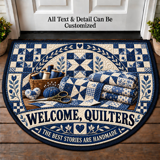 Blue and White Quilt - Quilters Welcome Personalized Half Round Mat | 5To9Vibe