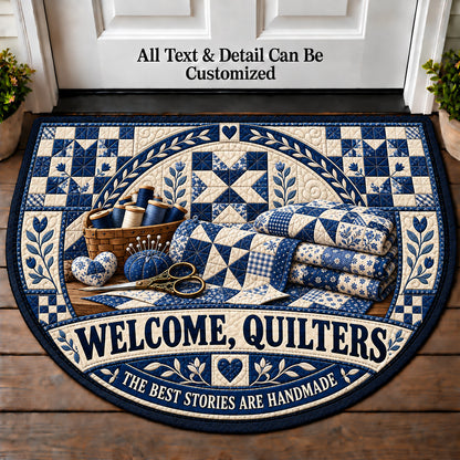 Blue and White Quilt - Quilters Welcome Personalized Half Round Mat | 5To9Vibe