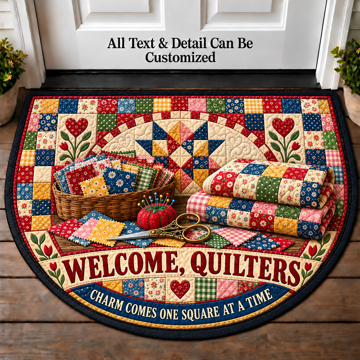 Charm Squares - Quilters Welcome Personalized Half Round Mat | 5To9Vibe