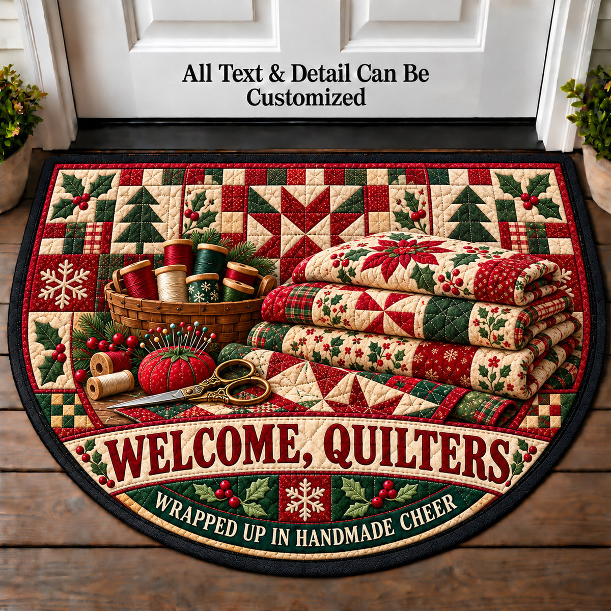 Holiday Quilt Stack - Quilters Welcome Personalized Half Round Mat | 5To9Vibe