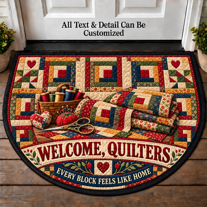 Log Cabin Quilt - Quilters Welcome Personalized Half Round Mat | 5To9Vibe