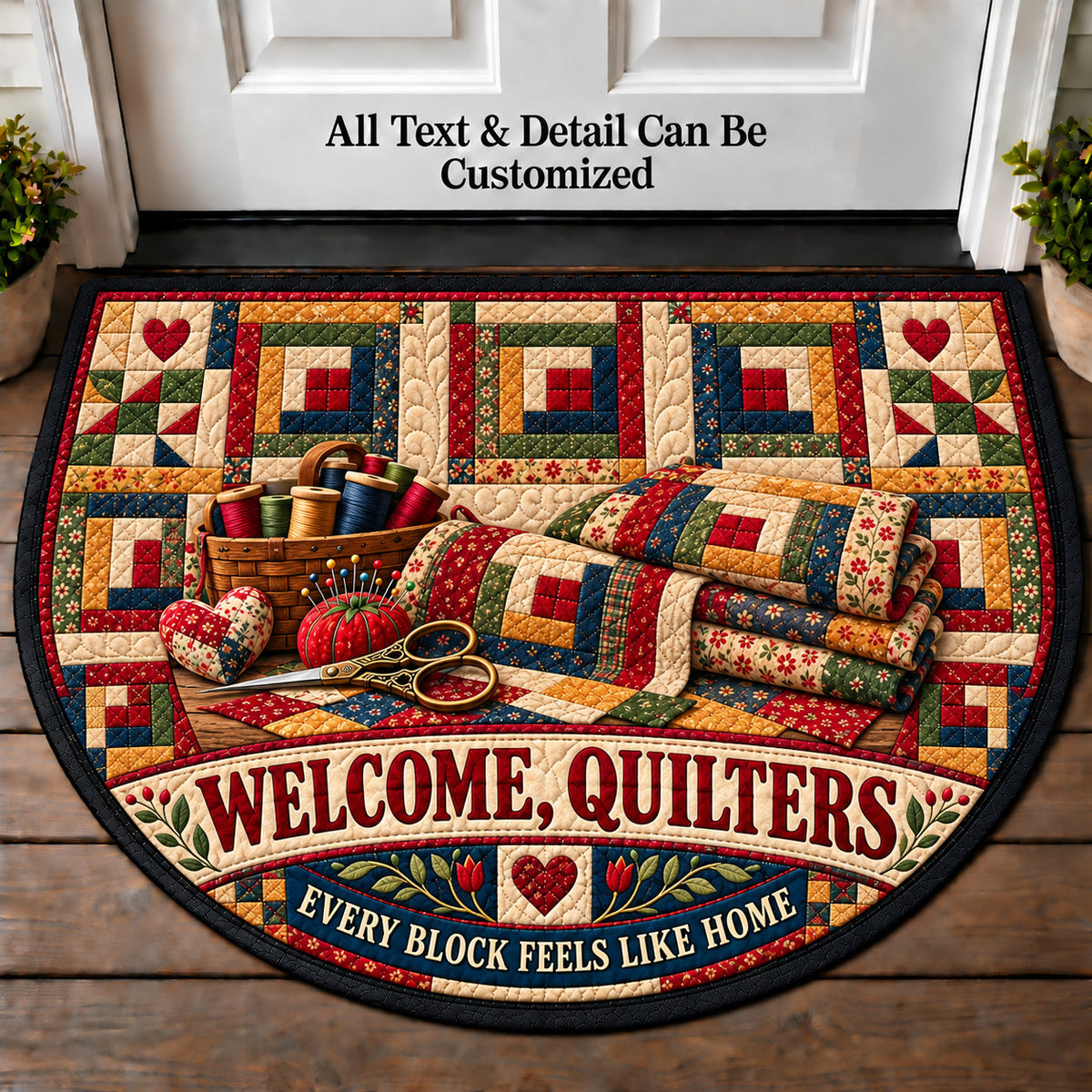 Log Cabin Quilt - Quilters Welcome Personalized Half Round Mat | 5To9Vibe
