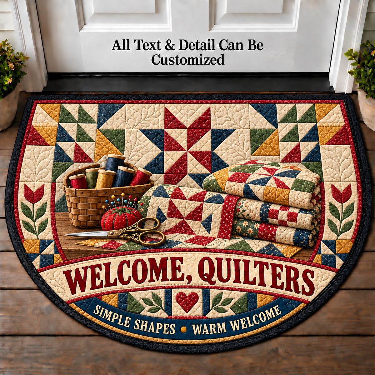 Modern Minimal Quilt - Quilters Welcome Personalized Half Round Mat | 5To9Vibe