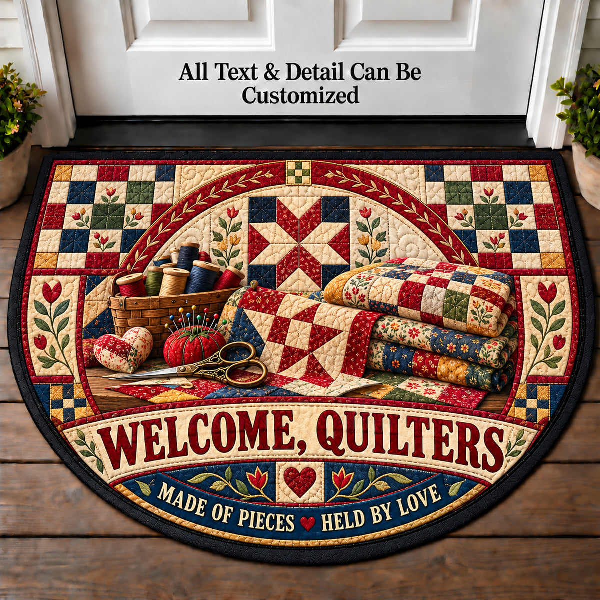 Nine Patch Heritage - Quilters Welcome Personalized Half Round Mat | 5To9Vibe