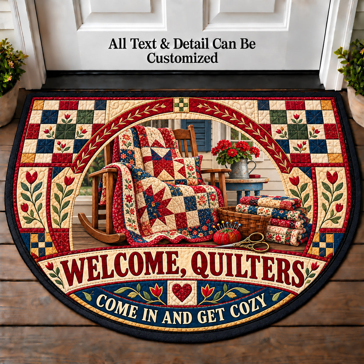 Patchwork Porch - Quilters Welcome Personalized Half Round Mat | 5To9Vibe