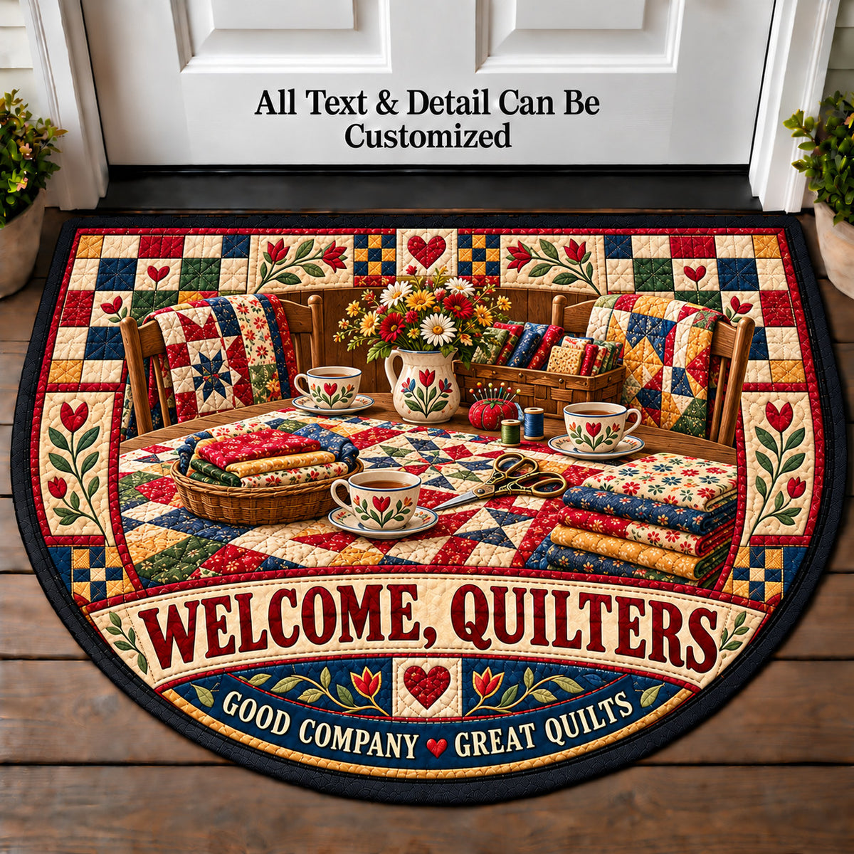 Quilting Bee Table - Quilters Welcome Personalized Half Round Mat | 5To9Vibe